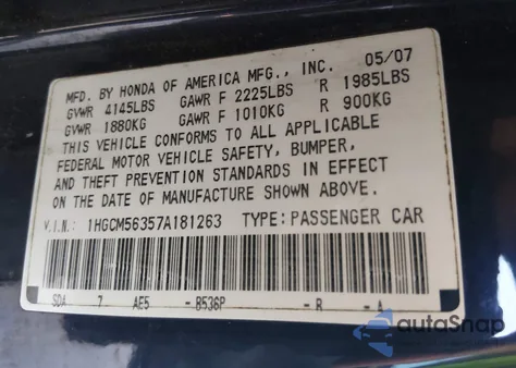 2007 Honda Accord 2.4 Se z USA, uszkodzony, nr VIN 1HGCM56357A181263